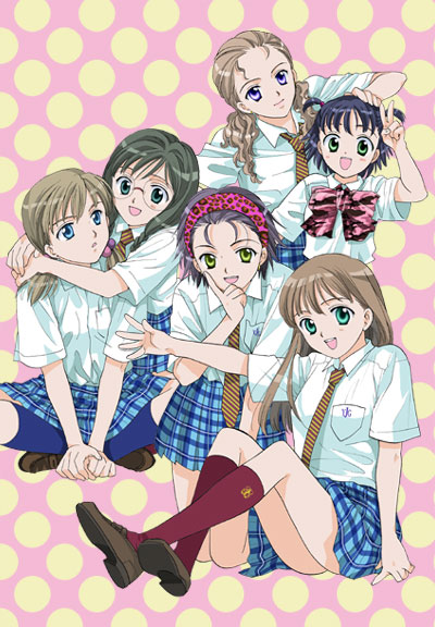 joshi kousei, diagonal stripes, red legwear, striped neckwear, 6+girls, animal print, hairband, kneehighs, leopard print, multiple girls, necktie, plaid clothes, plaid skirt, pleated skirt, polka dot, polka dot background, school uniform, serafuku, skirt, socks, striped necktie, v