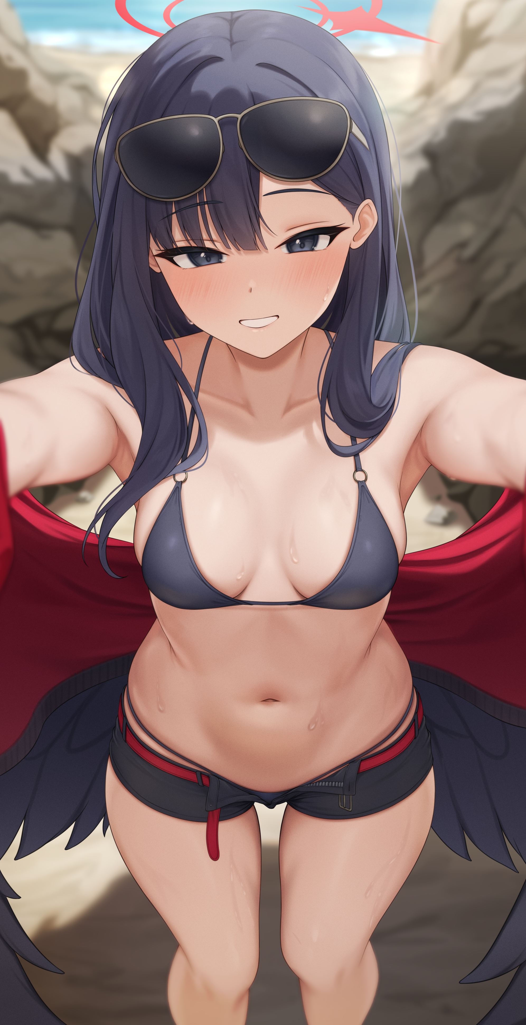 ichika (blue archive), ichika (swimsuit) (blue archive), blue archive, absurdres, commentary, highres, 1girl, armpits, bare shoulders, beach, belt, bikini, bikini under shorts, black bikini, black eyes, black hair, black shorts, black wings, blurry, blush, breasts, collarbone, day, depth of field, eyewear on head, feathered wings, halo, hands up, hayasi iru, jacket, long hair, looking at viewer, low wings, medium breasts, micro shorts, navel, o-ring, o-ring top, ocean, official alternate costume, open clothes, open fly, open jacket, open shorts, outdoors, outstretched arms, parted lips, pov, reaching, reaching towards viewer, red belt, red halo, red jacket, rock, shorts, sidelocks, smile, solo, standing, stomach, sunglasses, swimsuit, thighs, two-sided fabric, two-sided jacket, very long hair, wet, wings