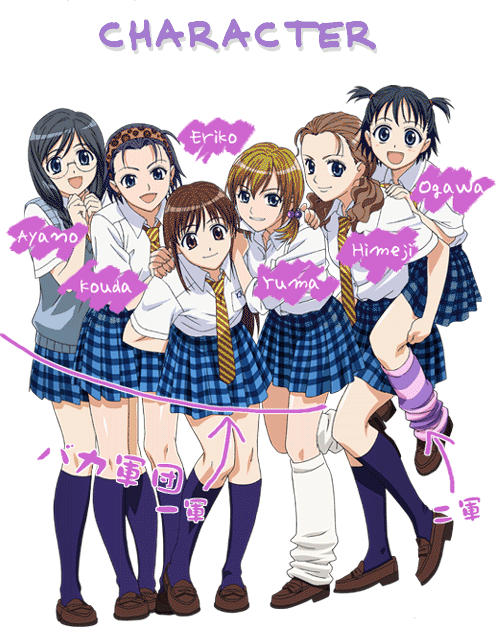 himeji kyouko, kouda akari, ogawa ikue, satou ayano, suzuki yuma, takahashi eriko, joshi kousei, striped legwear, striped neckwear, white legwear, 6+girls, black socks, character name, diagonal-striped clothes, diagonal-striped necktie, everyone, hairband, kneehighs, loose socks, multiple girls, necktie, plaid clothes, plaid skirt, pleated skirt, school uniform, serafuku, skirt, sleeves rolled up, socks, striped clothes, striped necktie, striped socks, two-tone socks