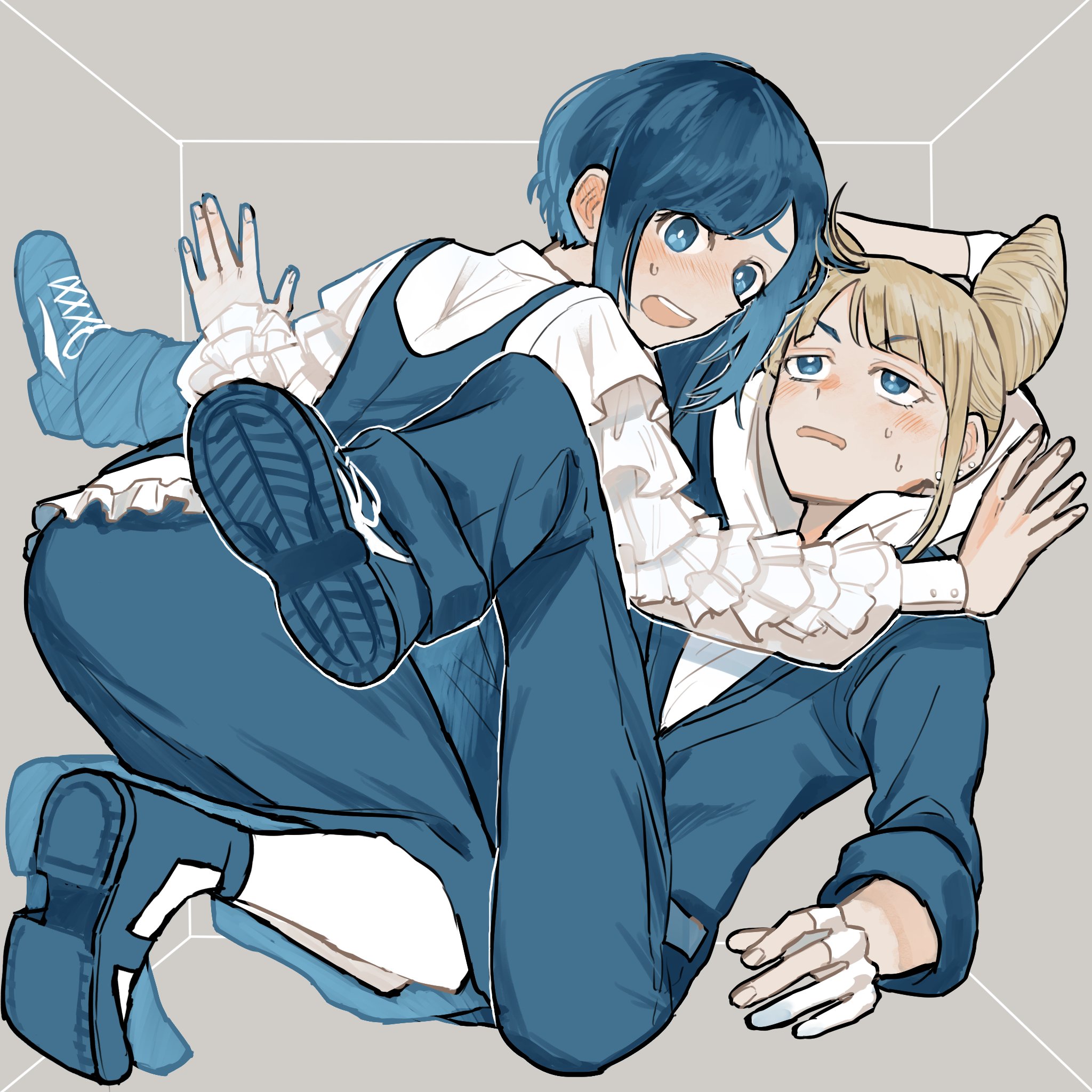 natch, fukurai azami, jasmine (toshi densetsu kaitai center), toshi densetsu kaitai center, hashtag-only commentary, highres, 2girls, blonde hair, blue eyes, blue hair, blue jumpsuit, blue shoes, blue skirt, blunt bangs, box, collared shirt, cramped, frilled shirt, frilled sleeves, frills, full body, gloves, hood, hood down, hoodie, in box, in container, jumpsuit, long sleeves, looking at viewer, looking back, lying, multiple girls, on back, open mouth, partially fingerless gloves, shirt, shoe soles, shoes, short hair, sitting, skirt, stuck in a box, white hoodie