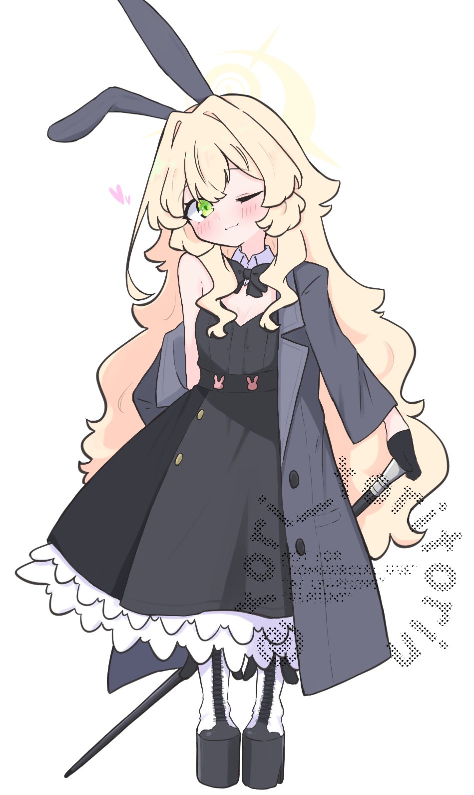 kujou karasuma, professor niyaniya (blue archive), blue archive, commentary request, highres, 1girl, ;), animal ears, black bow, black dress, black gloves, blonde hair, blush, boots, bow, breasts, cane, closed mouth, collar, detached collar, dress, fold-over boots, full body, gloves, green eyes, grey jacket, hair between eyes, hair intakes, half gloves, halo, heart, jacket, lace-up boots, long hair, long sleeves, looking at viewer, off shoulder, one eye closed, open clothes, open jacket, platform boots, rabbit ears, simple background, small breasts, smile, solo, standing, strapless, strapless dress, very long hair, watermark, white background, white boots, white collar, wing collar