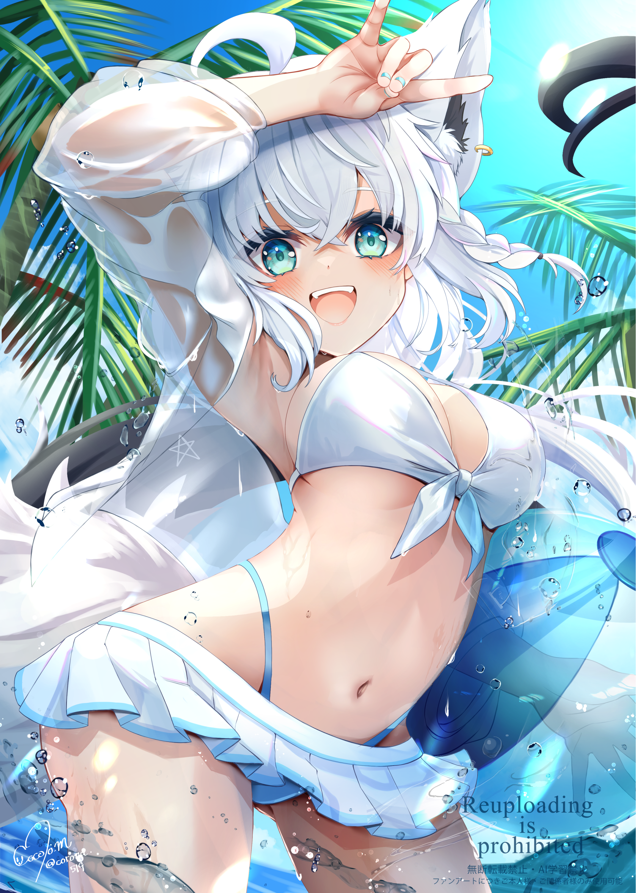 mikazuki cocolo, shirakami fubuki, hololive, absurdres, highres, 1girl, ahoge, animal ear fluff, animal ear piercing, animal ears, aqua eyes, bare shoulders, bikini, blue nails, blue sky, blush, braid, breasts, cleavage, cloud, day, fox ears, fox girl, fox shadow puppet, fox tail, front-tie bikini top, front-tie top, large breasts, leaf, long hair, long sleeves, looking at viewer, midriff, miniskirt, nail polish, navel, open mouth, outdoors, pleated skirt, see-through clothes, side braid, single braid, skirt, sky, smile, solo, standing, stomach, swimsuit, swimsuit cover-up, tail, virtual youtuber, water, water drop, white bikini, white hair, white skirt