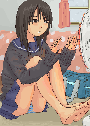 original, lowres, 1girl, barefoot, blue panties, electric fan, female focus, indoors, oekaki, panties, pantyshot, pleated skirt, school uniform, serafuku, sitting, skirt, solo, striped clothes, striped panties, sweater, underwear