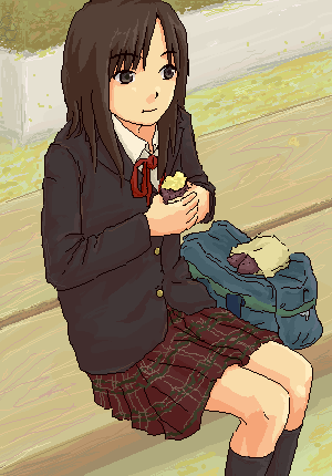 lowres, bench, blazer, jacket, oekaki, pleated skirt, school uniform, skirt, solo