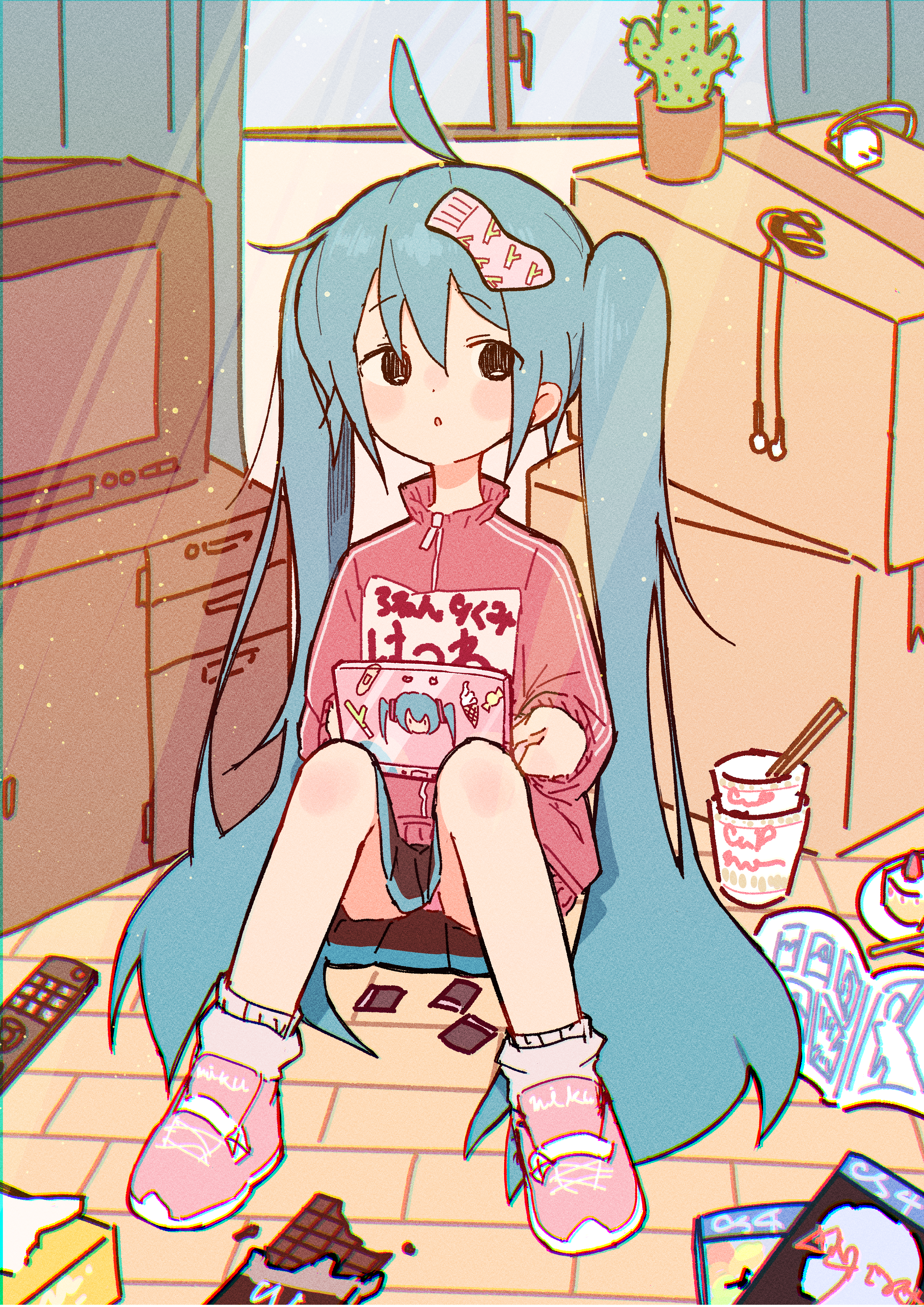 yuge 99, hatsune miku, vocaloid, absurdres, commentary request, highres, translation request, 1girl, ahoge, black eyes, blue hair, blush stickers, book, box, cactus, candy, cardboard box, chocolate, chocolate bar, chopsticks, controller, crt, cup ramen, curtains, earbuds, earphones, food, full body, handheld game console, indoors, jacket, knees up, long hair, long sleeves, looking to the side, on floor, open book, panties, pantyshot, parted lips, pleated skirt, remote control, shoes, sitting, skirt, sneakers, socks, solo, sunlight, television, tissue box, track jacket, twintails, underwear, unworn socks, upskirt, very long hair, window, wooden floor