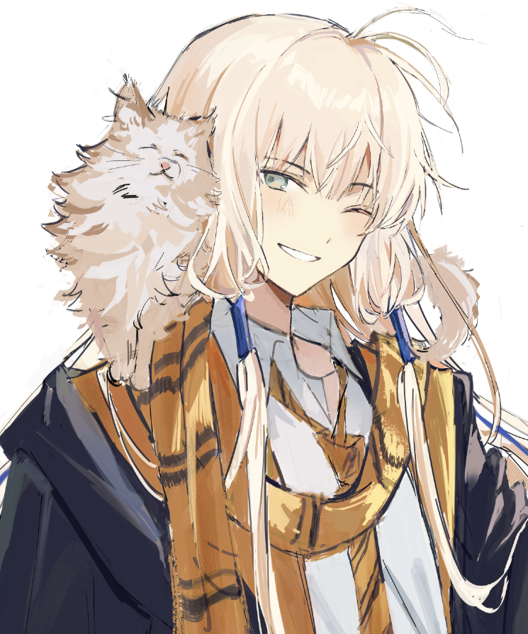 sherry 0014, noah (fate), fate/grand order, fate/grand order arcade, fate (series), 1boy, animal, animal on shoulder, black robe, blonde hair, cat, collared shirt, green eyes, grin, long hair, long sidelocks, loose necktie, low-tied sidelocks, necktie, one eye closed, robe, scarf, shirt, sidelocks, smile, solo, white background, white shirt, yellow necktie, yellow scarf