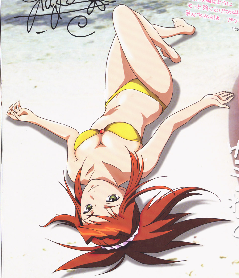 hisayuki hirokazu, sugiura midori, my-hime, scan, 00s, 1girl, bandeau, bandeau bikini, barefoot, beach, bikini, breasts, cleavage, day, feet, female focus, foreshortening, from above, green eyes, legs, long hair, looking at viewer, lying, on back, on ground, orange hair, outdoors, outstretched arms, photo background, ponytail, red hair, scrunchie, shadow, signature, smile, solo, spread arms, swimsuit, yellow bikini