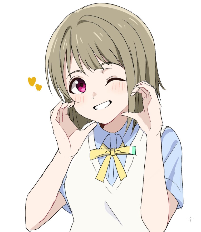 kiruto (artar 12), nakasu kasumi, love live!, love live! nijigasaki high school idol club, blue shirt, braid, brown hair, heart, long sleeves, looking at viewer, medium hair, nijigasaki school uniform, one eye closed, red eyes, ribbon, school uniform, shirt, single braid, smile, solo, upper body, vest, white background, white vest, yellow ribbon