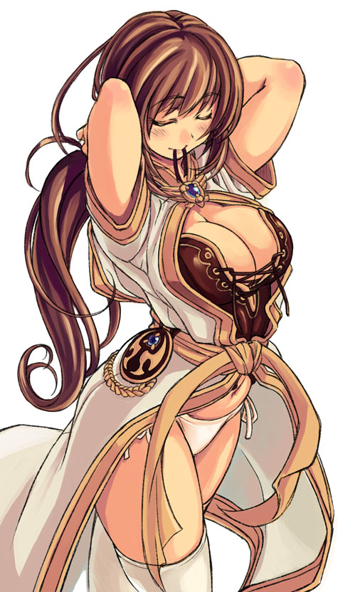 mil (xration), monk (ragnarok online), ragnarok online, 1girl, adjusting hair, arms behind back, arms behind head, arms up, breasts, brown hair, bustier, cleavage, closed eyes, curvy, dress, female focus, hands in own hair, holding, holding own hair, large breasts, lingerie, long hair, mouth hold, panties, ribbon, ribbon in mouth, robe, side-tie panties, simple background, solo, standing, thighhighs, thighs, tying hair, underwear, white background, white dress, white panties, white thighhighs