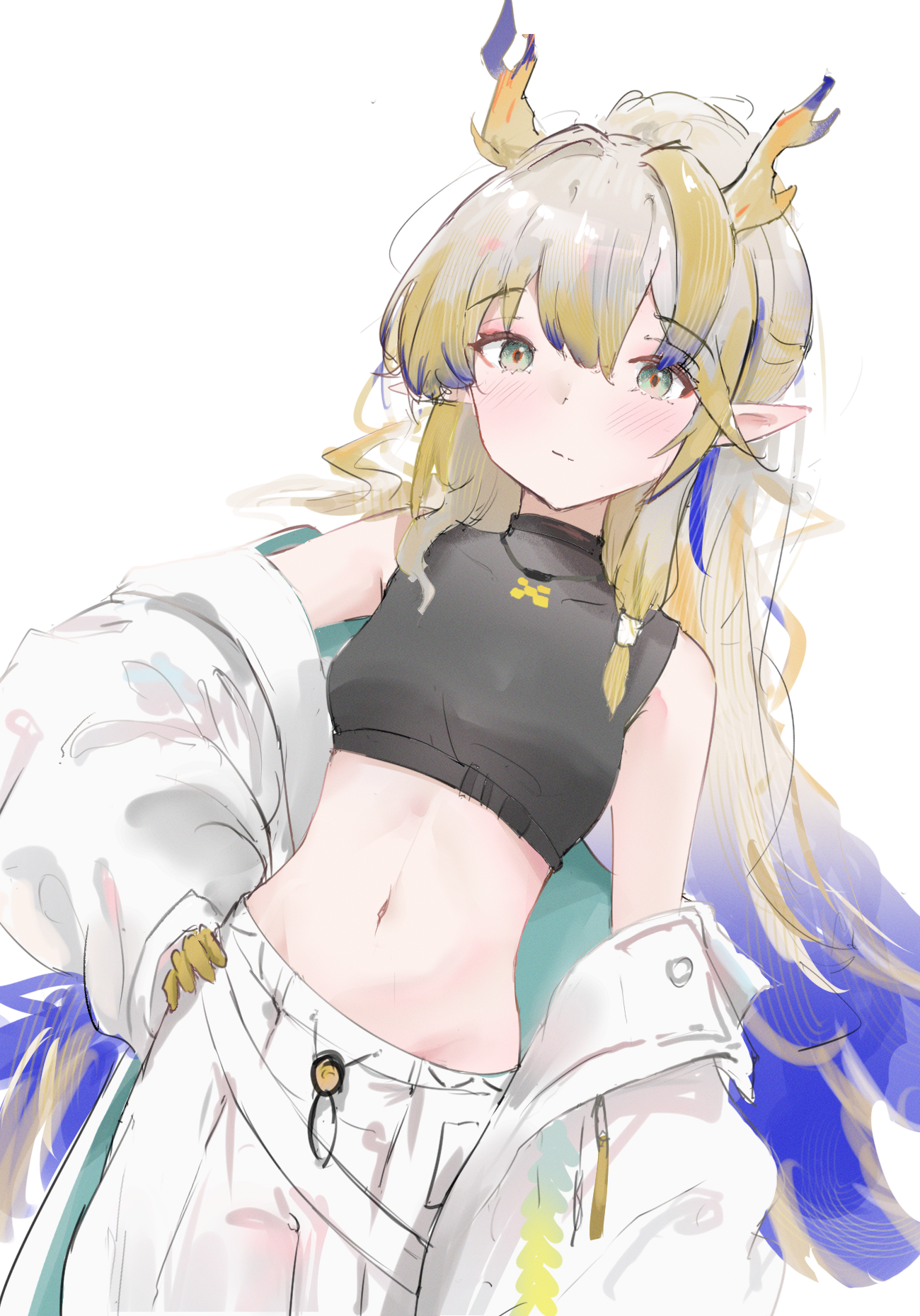 ald (arudoo), shu (arknights), arknights, commentary, highres, 1girl, bare shoulders, black shirt, blonde hair, blue hair, blush, closed mouth, crop top, cropped shirt, dragon girl, dragon horns, green eyes, grey hair, groin, hand on own hip, horns, jacket, long hair, looking at viewer, midriff, multicolored hair, navel, off shoulder, pointy ears, shirt, simple background, sketch, sleeveless, sleeveless shirt, solo, white background, white jacket