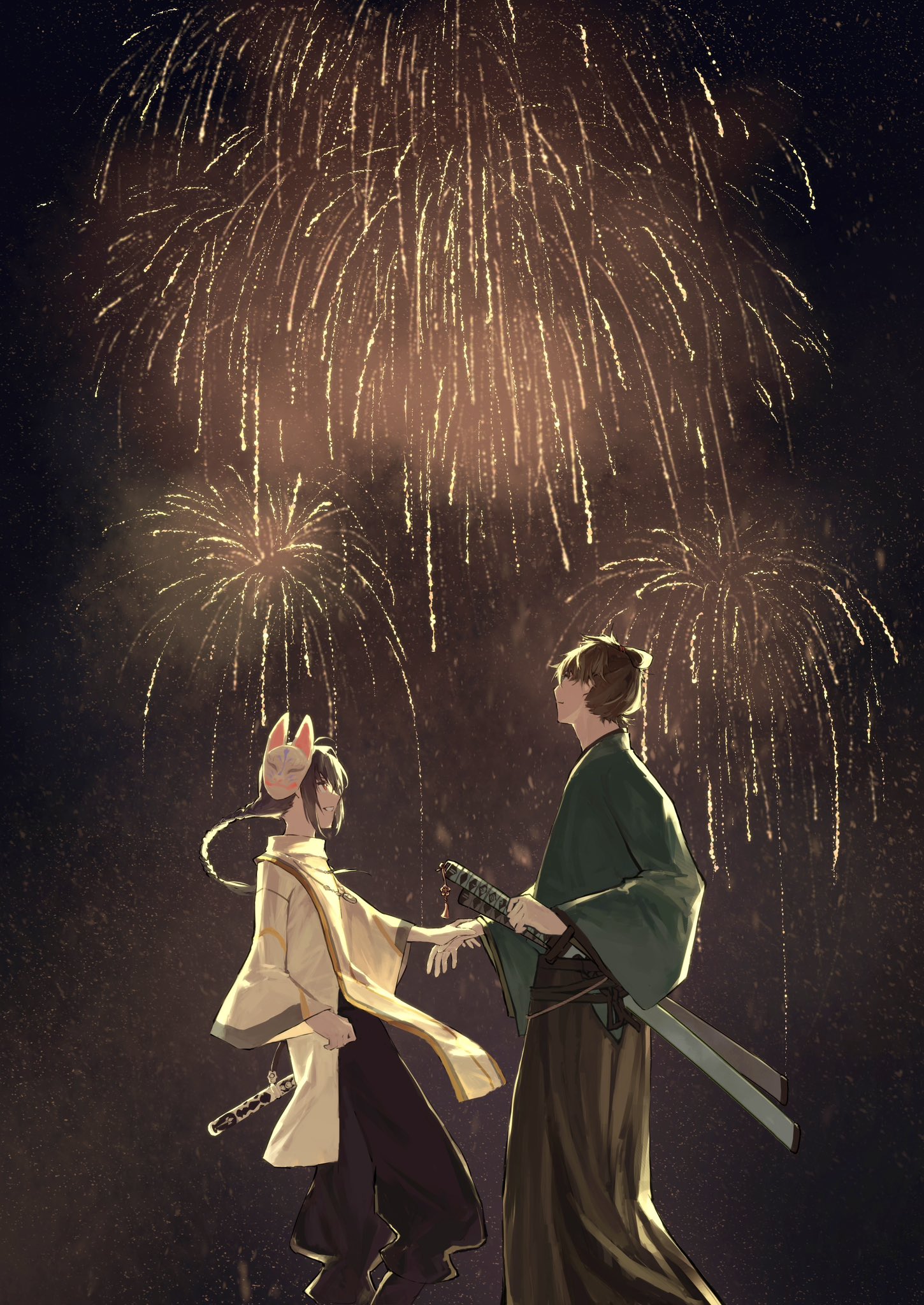 shuimian buzu renjian, miyamoto iori (fate), yamato takeru (fate), fate/samurai remnant, fate (series), highres, 1boy, 1other, aerial fireworks, ahoge, amulet, androgynous, black hair, black hakama, black pants, blue kimono, braid, fireworks, fox mask, hair intakes, hakama, holding another's wrist, japanese clothes, jewelry, katana, kimono, long braid, looking at another, looking up, mask, mask on head, necklace, night, pants, sheath, sheathed, sidelocks, single braid, sword, sword on back, topknot, weapon, weapon on back