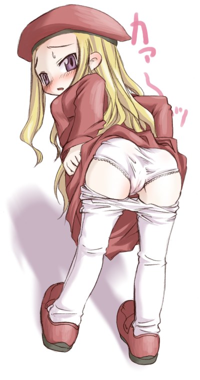 belfraw martini, summon night, summon night 3, artist request, 1girl, ass, bent over, beret, blonde hair, blue eyes, blush, cameltoe, clothes pull, female focus, from behind, hat, lace, lace-trimmed panties, lace trim, leggings, loli, long hair, looking back, panties, pantyhose, pantyhose pull, solo, underwear, white panties, white pantyhose
