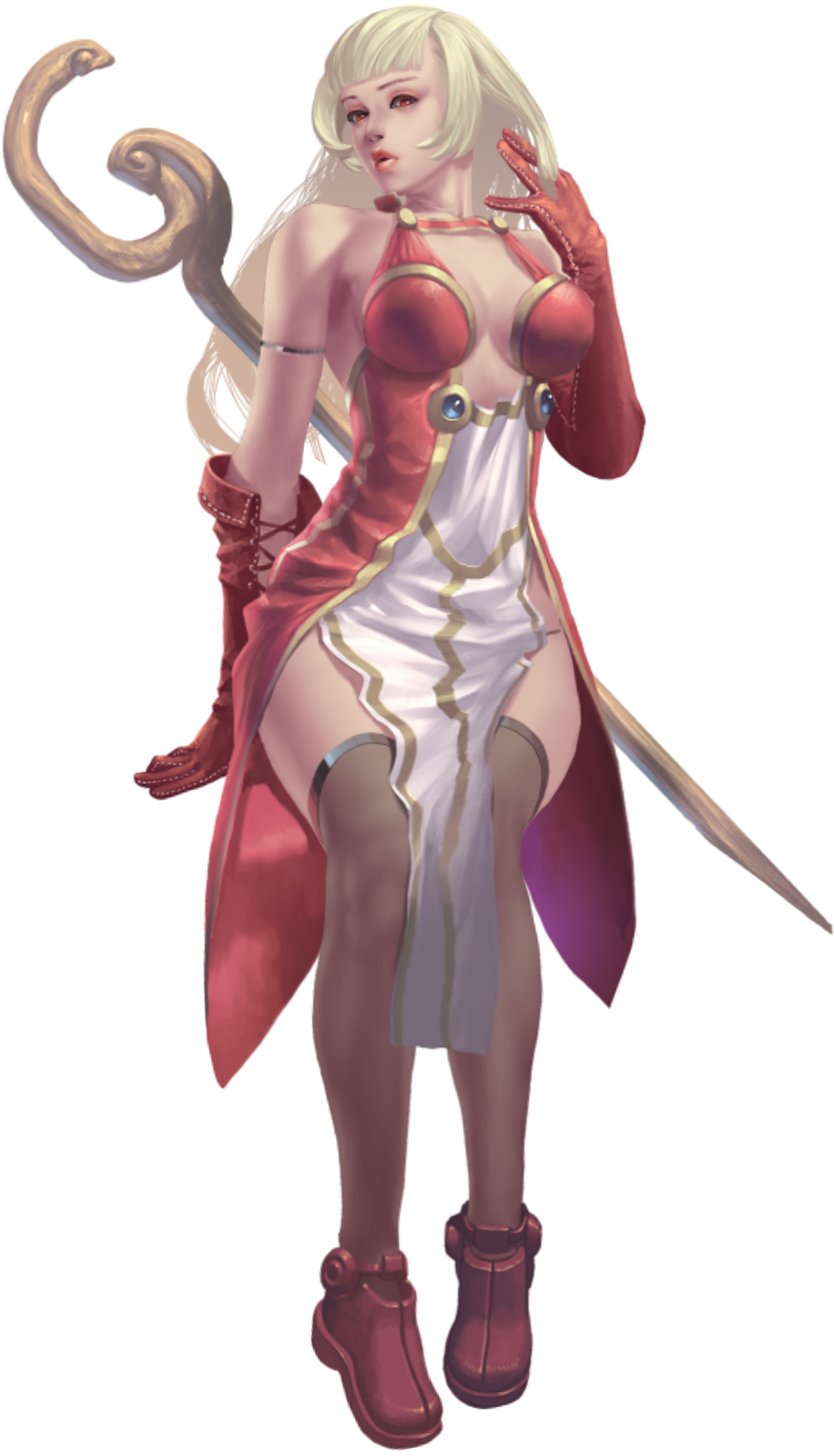 crystal maiden (series), absurdres, artist request, game cg, highres, official art, variant set, 1girl, bare shoulders, blonde hair, breasts, cleavage, full body, gloves, long hair, looking at viewer, mage staff, open mouth, red eyes, red gloves, roxelana (crystal maidens), sideboob, solo, transparent background