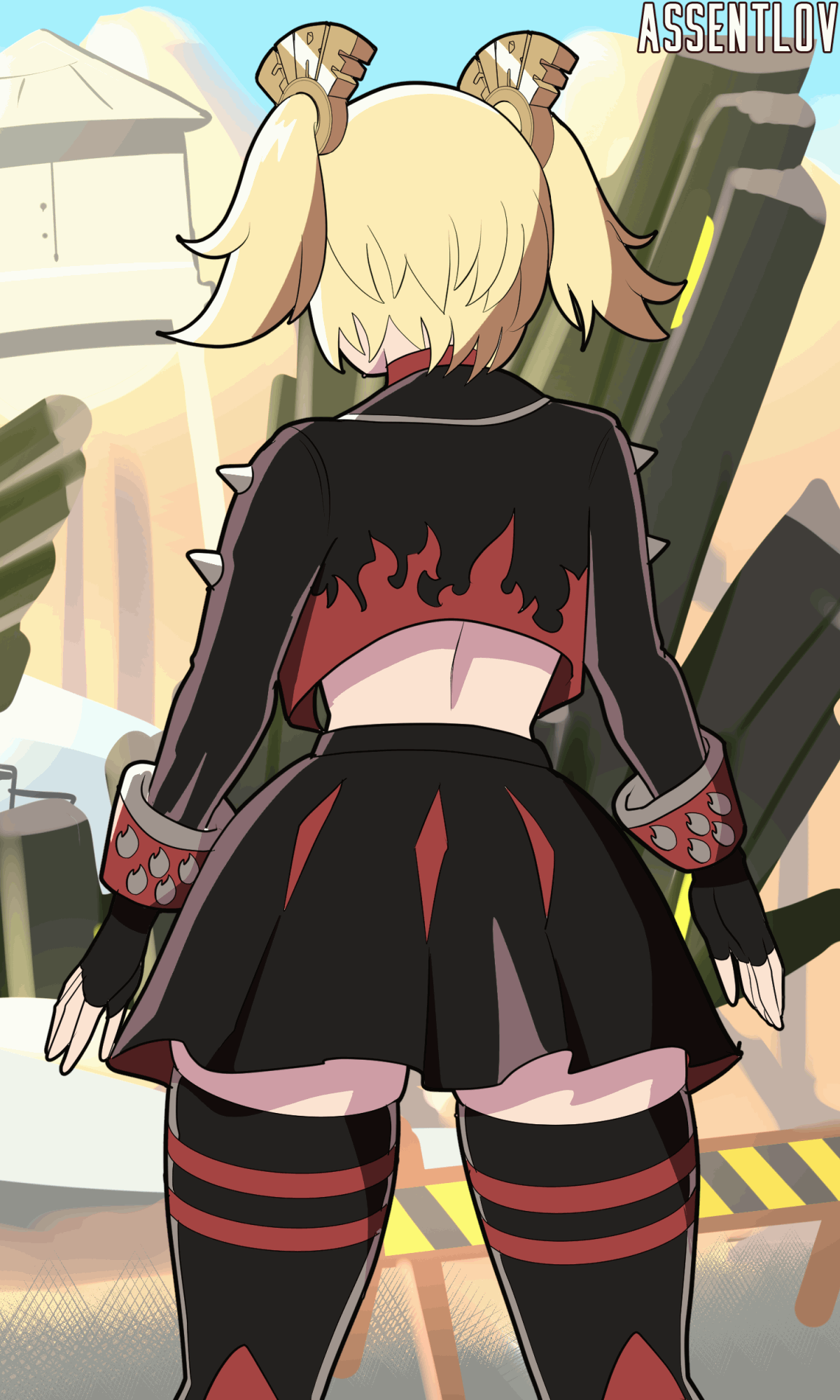 assentlov, burnice white, zenless zone zero, animated, animated gif, highres, 1girl, artist name, black jacket, black skirt, black thighhighs, black tube top, blonde hair, breasts, cleavage, crop top, eyewear on head, gloves, jacket, large breasts, open mouth, propane tank, red-tinted eyewear, red eyes, skirt, smile, solo, spiked jacket, strapless, sunglasses, thighhighs, tinted eyewear, tube top, twintails, water tower, wind, wind lift