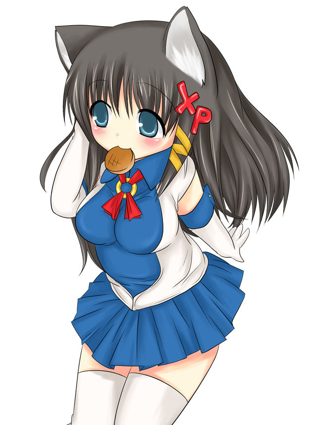 shiratama, shiratama yomogi, xp-tan, os-tan, 1girl, animal ears, black hair, blue eyes, blue skirt, blush, breasts, cat ears, elbow gloves, female focus, food, gloves, hair ornament, hair ribbon, hand in own hair, kemonomimi mode, long hair, medium breasts, mouth hold, ribbon, simple background, skirt, solo, thighhighs, white background, white thighhighs, yellow ribbon, zettai ryouiki