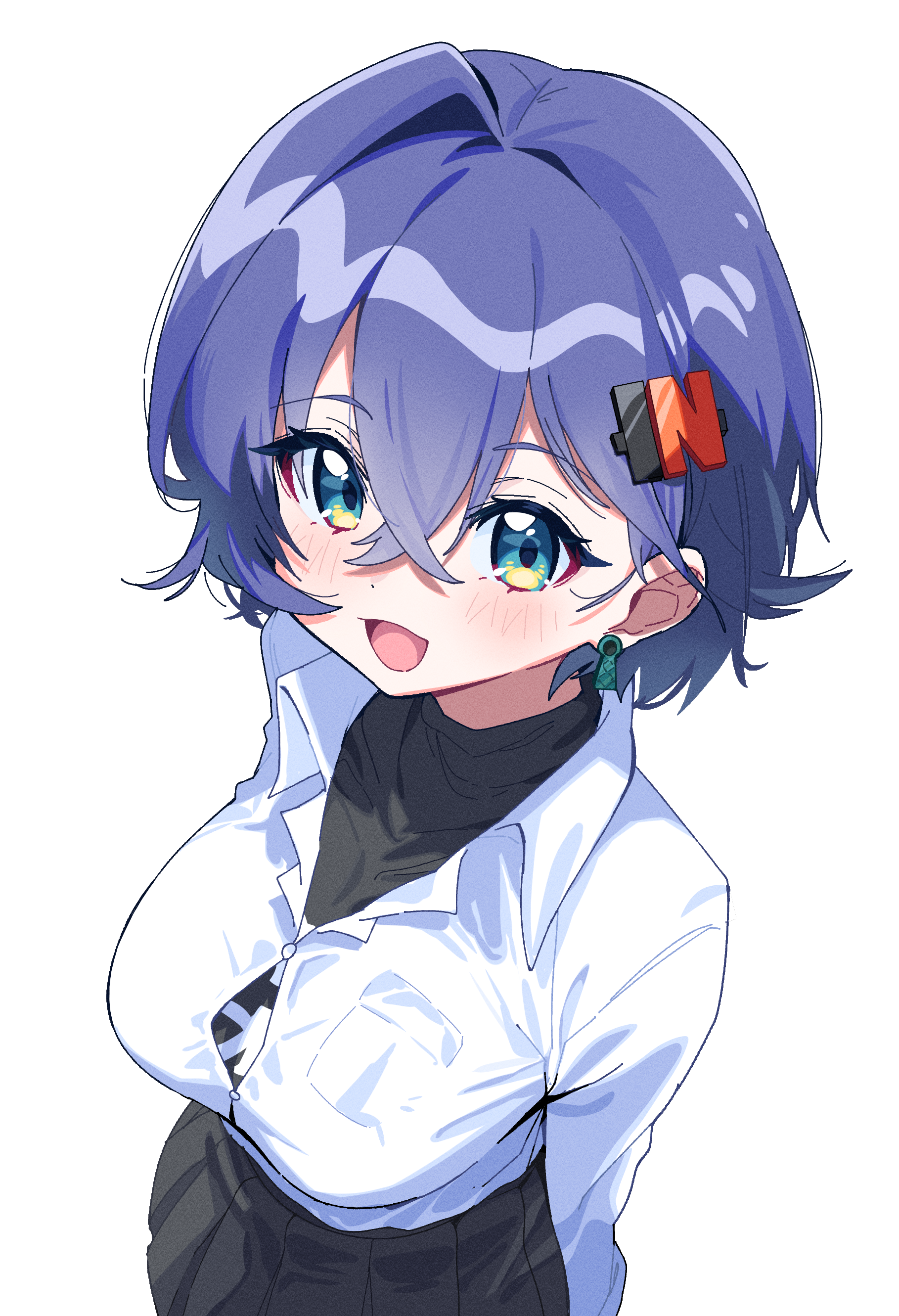 tosyeo, belle (zenless zone zero), zenless zone zero, absurdres, commentary request, highres, 1girl, :d, black shirt, black skirt, blue eyes, blue hair, blush, collared shirt, dress shirt, hair between eyes, hair ornament, looking at viewer, open mouth, pleated skirt, shirt, simple background, single hair intake, skirt, smile, solo, turtleneck, undershirt, white background, white shirt