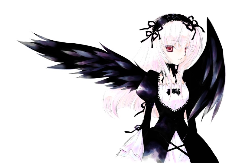 nyoi, suigintou, rozen maiden, silver hair, 00s, gothic lolita, lolita fashion, pale skin, red eyes, solo, wings