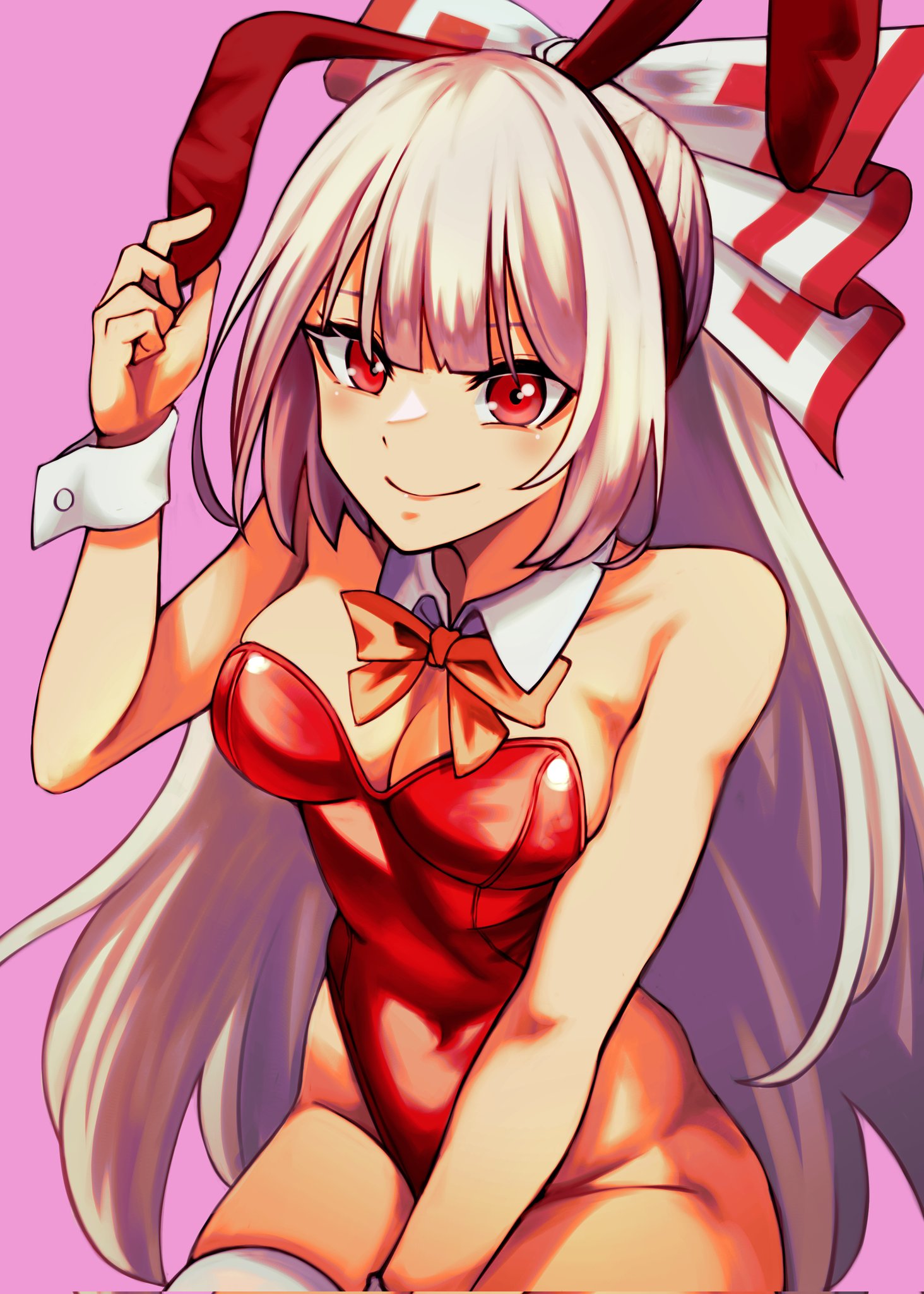 equality taira, fujiwara no mokou, touhou, highres, 1girl, animal ears, bow, breasts, bunny day, detached collar, fake animal ears, hair bow, high ponytail, leotard, long hair, looking at viewer, pink background, ponytail, red eyes, red leotard, solo, strapless, strapless leotard, white bow, white hair