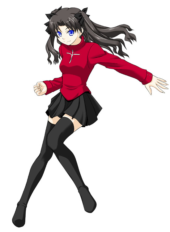silvermoon, tohsaka rin, fate/stay night, fate (series), 00s, 1girl, black thighhighs, female focus, legs, long legs, solo, thighhighs, turtleneck, two side up