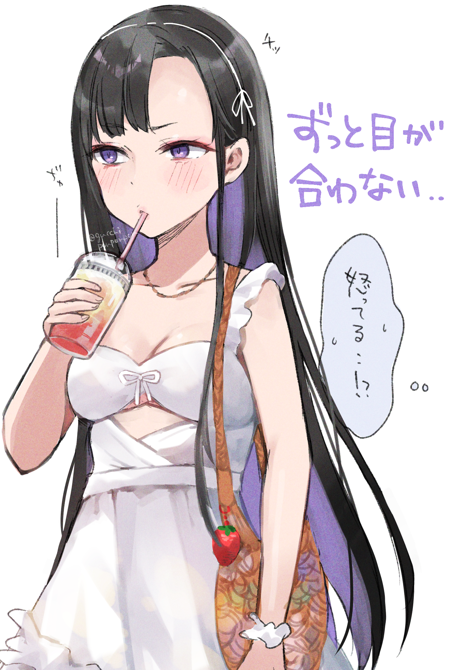 gucchiann, eunhwa (nikke), goddess of victory: nikke, commentary request, highres, translation request, 1girl, bag, black hair, blush, breasts, cleavage, cup, disposable cup, dress, drinking straw, holding, holding cup, long hair, looking to the side, medium breasts, multicolored hair, purple eyes, purple hair, shoulder bag, simple background, sleeveless, sleeveless dress, solo, two-tone hair, very long hair, white background, white dress