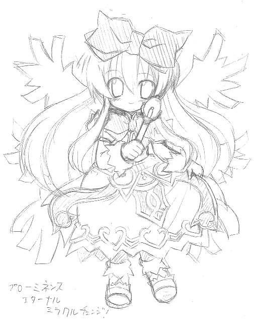 chirorian, aruma (shinrabanshou), shinrabanshou, 1girl, blush, bow, dress, female focus, full body, greyscale, hair bow, heart, long hair, long sleeves, looking at viewer, monochrome, shoes, simple background, sketch, smile, solo, staff, very long hair, wand, white background