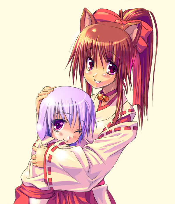 musumi renga, original, 2girls, animal ears, cat ears, hakama, hakama skirt, japanese clothes, miko, multiple girls, red hakama, skirt