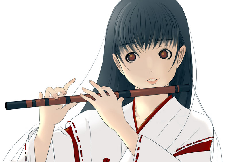 kiriman (souldeep), original, 1girl, black hair, female focus, flute, holding, instrument, japanese clothes, kimono, lips, long hair, looking to the side, miko, open mouth, red eyes, ribbon-trimmed sleeves, ribbon trim, simple background, solo, teeth, upper body, white background