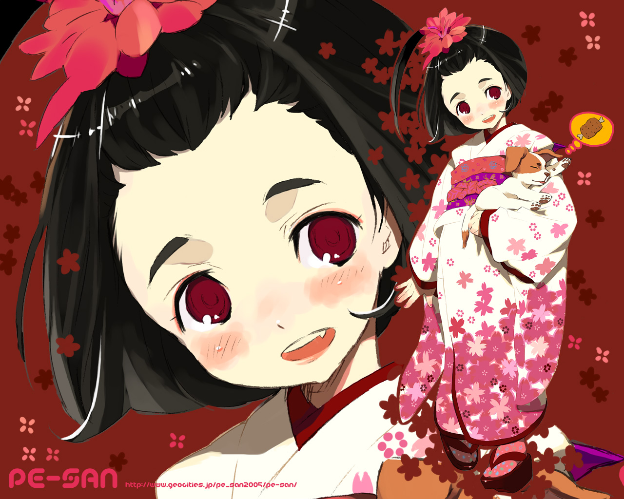 kishiwada robin, original, 1girl, baby animal, black hair, blush, boned meat, dog, dreaming, female focus, flower, food, hair flower, hair ornament, japanese clothes, kimono, meat, puppy, short hair, solo, watermark, web address