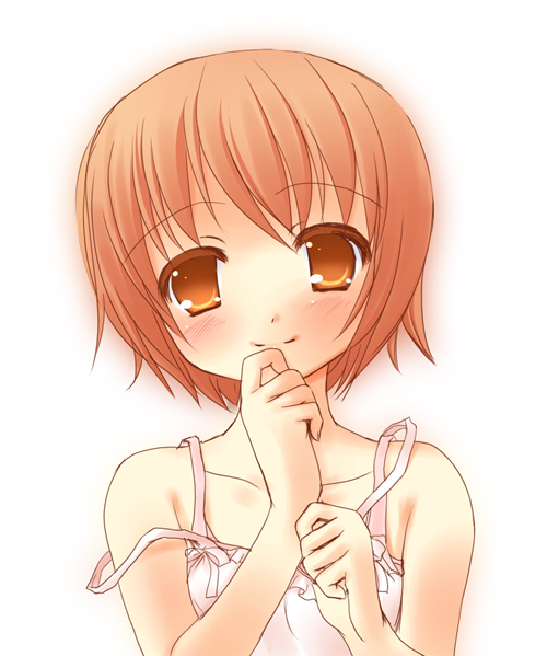 yukizuki chikuba, osaragi hazumu, kashimashi, 00s, 1girl, blush, closed mouth, female focus, genderswap, genderswap (mtf), hand to own mouth, looking at viewer, orange eyes, orange hair, short hair, simple background, smile, solo, strap slip, white background