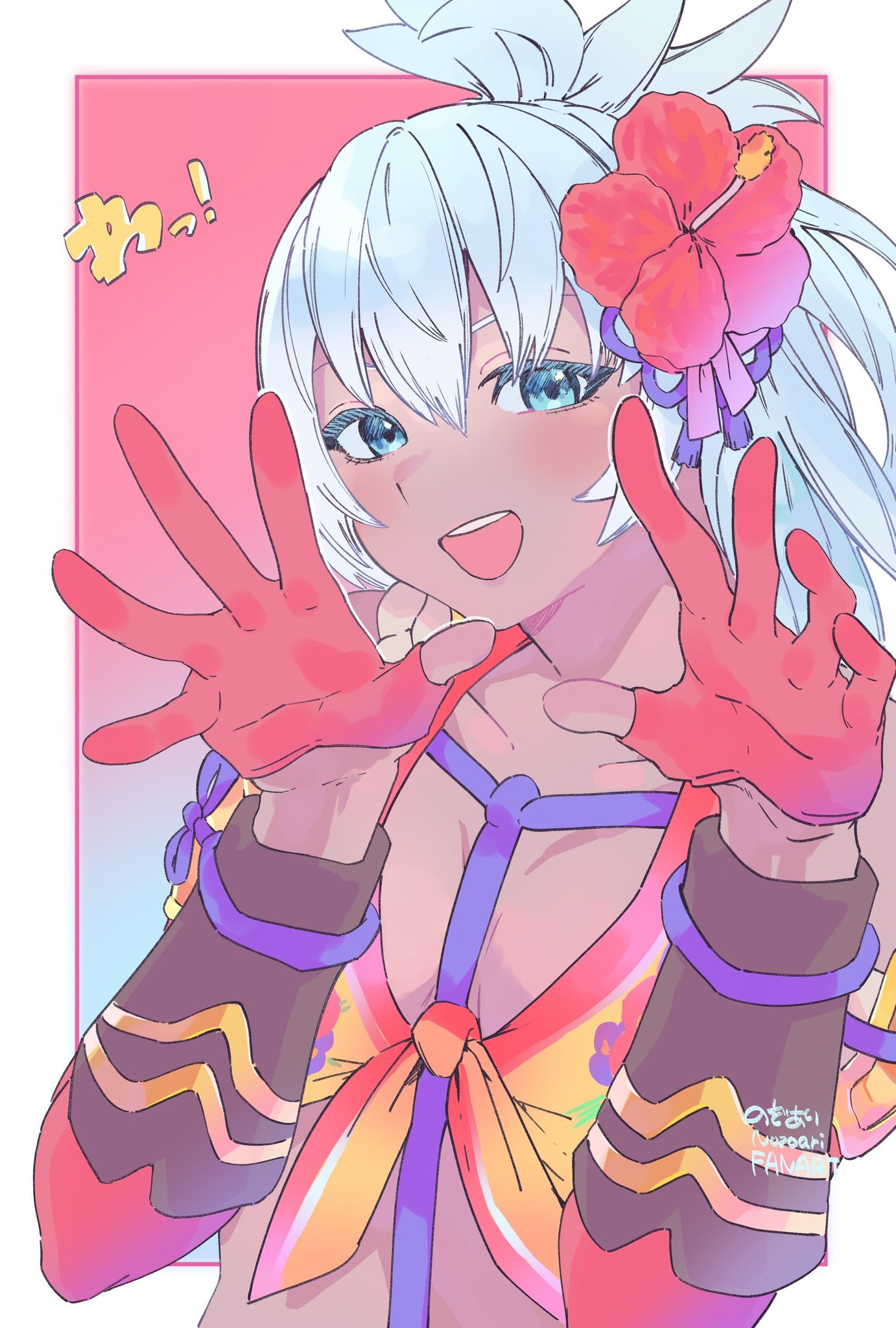 valentine (02140314c), matsuri (rune factory), rune factory, rune factory: guardians of azuma, highres, 1girl, aqua eyes, arm guards, bare shoulders, collarbone, dark-skinned female, dark skin, flat chest, floral print shirt, flower, flower ornament, gloves, hair ornament, head tilt, looking at viewer, open hands, open mouth, outstretched hand, palms, ponytail, red flower, red gloves, solo, spread fingers, tan, teeth, two-tone background, upper body, white hair