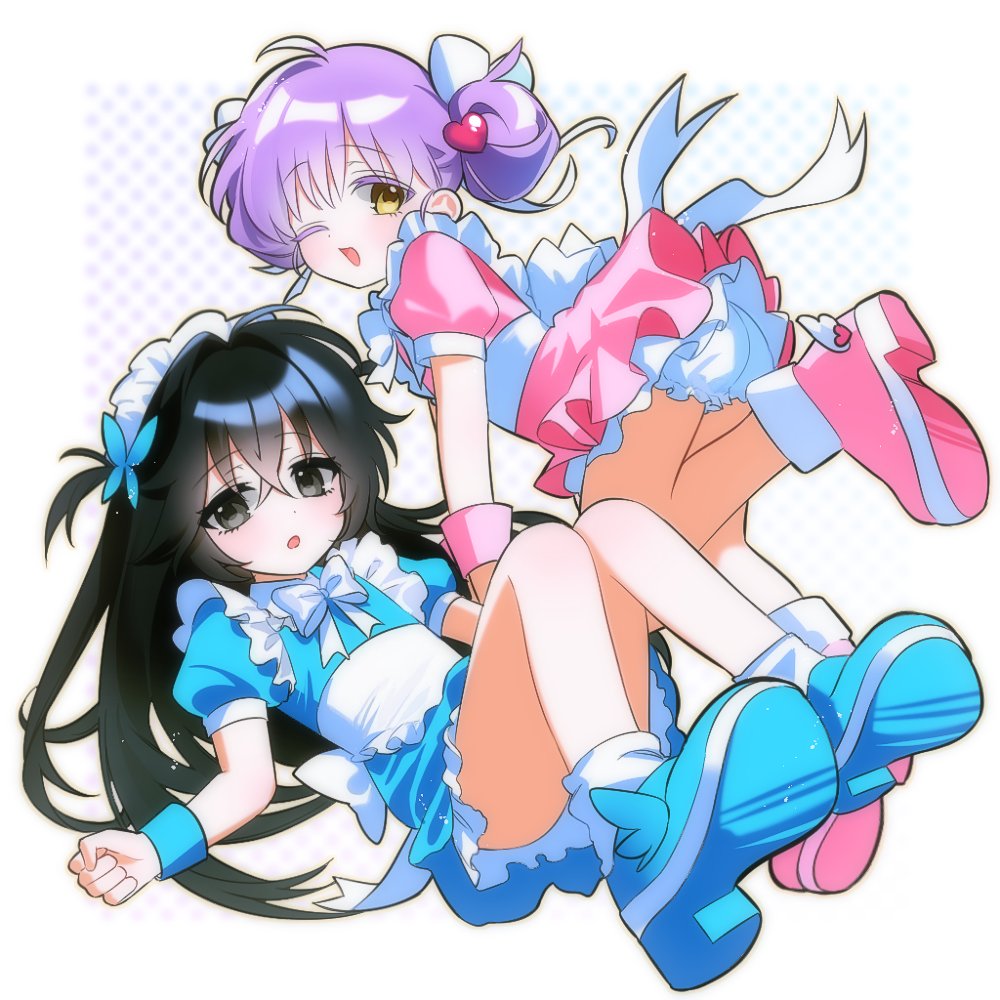 original, 2girls, apron, black eyes, black hair, bow, dress, hair bobbles, hair ornament, long hair, multiple girls, one eye closed, open mouth, shoes, smile, so seo