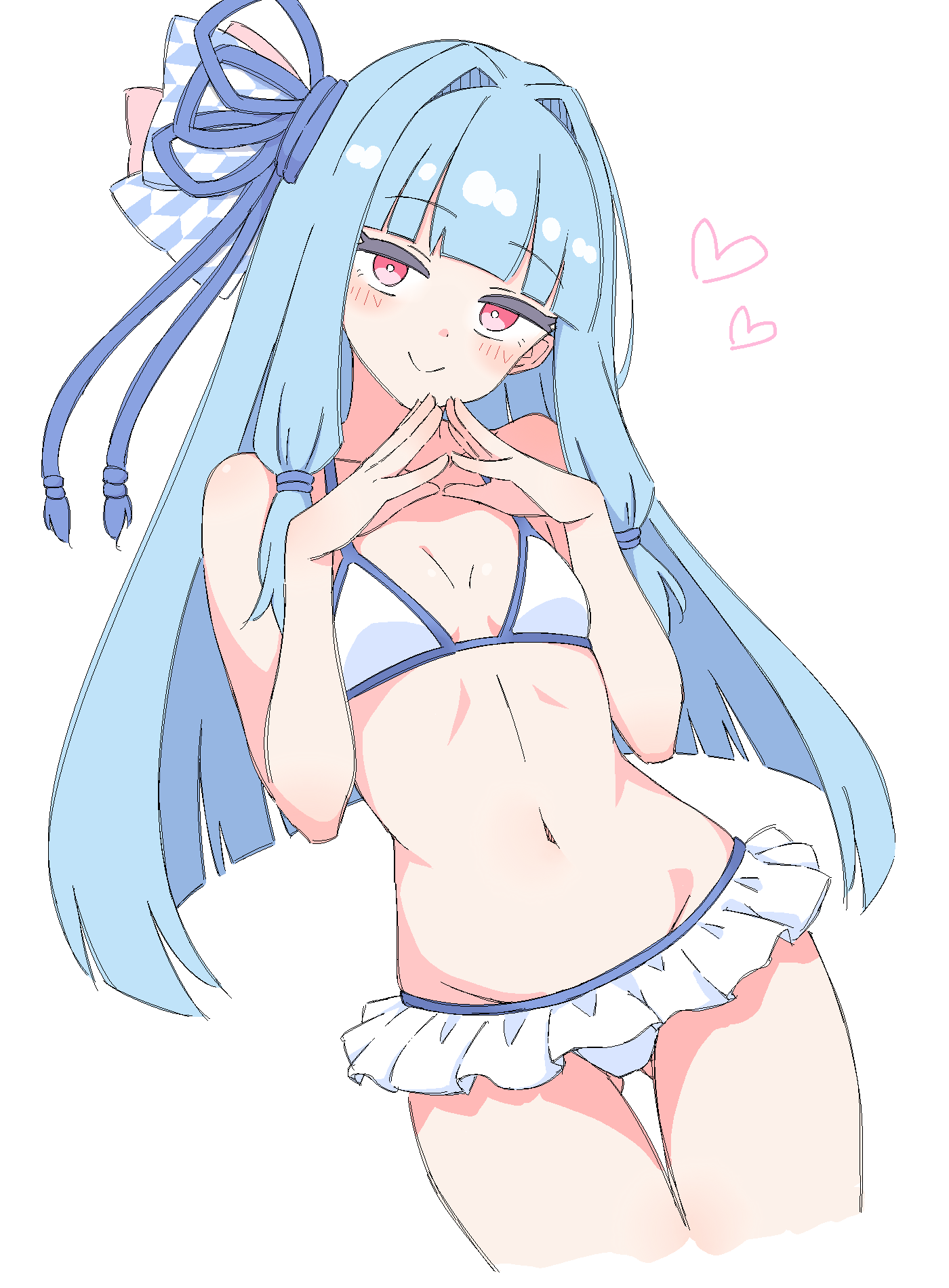 sikime, kotonoha aoi, voiceroid, highres, 1girl, bikini, blue hair, blue ribbon, blunt bangs, closed mouth, cowboy shot, flat chest, frilled bikini, frills, groin, hair intakes, hair ribbon, heart, long hair, looking at viewer, navel, own hands together, red eyes, ribbon, sidelocks, simple background, smile, solo, swimsuit, white background, white bikini