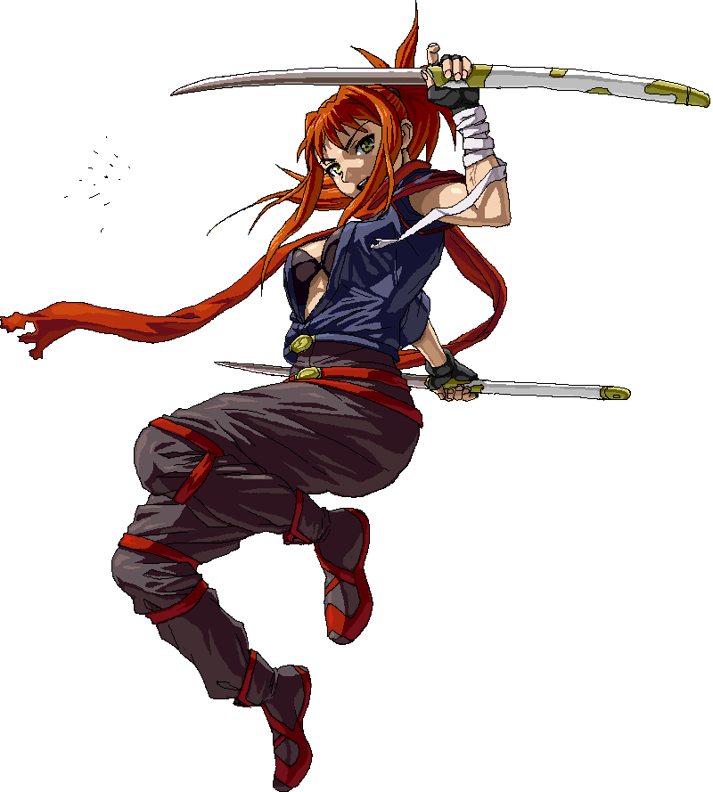midori, nigou, my-otome, 00s, 1girl, bandages, bra, female focus, lingerie, long hair, looking at viewer, open clothes, open mouth, orange hair, ponytail, scarf, simple background, solo, sword, underwear, weapon, white background