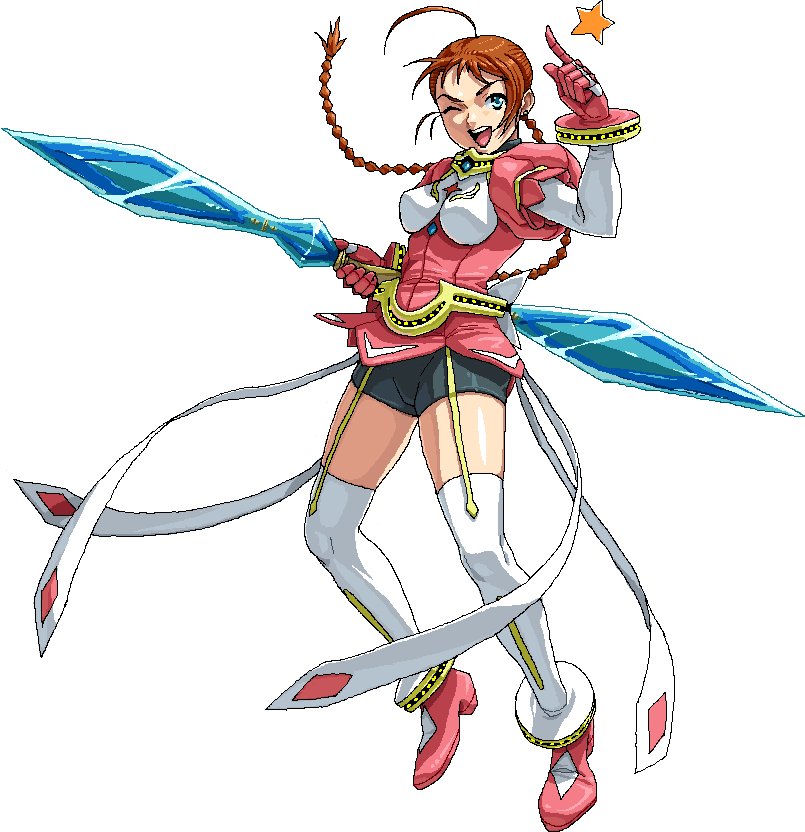 nigou, arika yumemiya, my-otome, 00s, blue eyes, braid, brown hair, long hair, one eye closed, solo, thighhighs, twin braids, wink