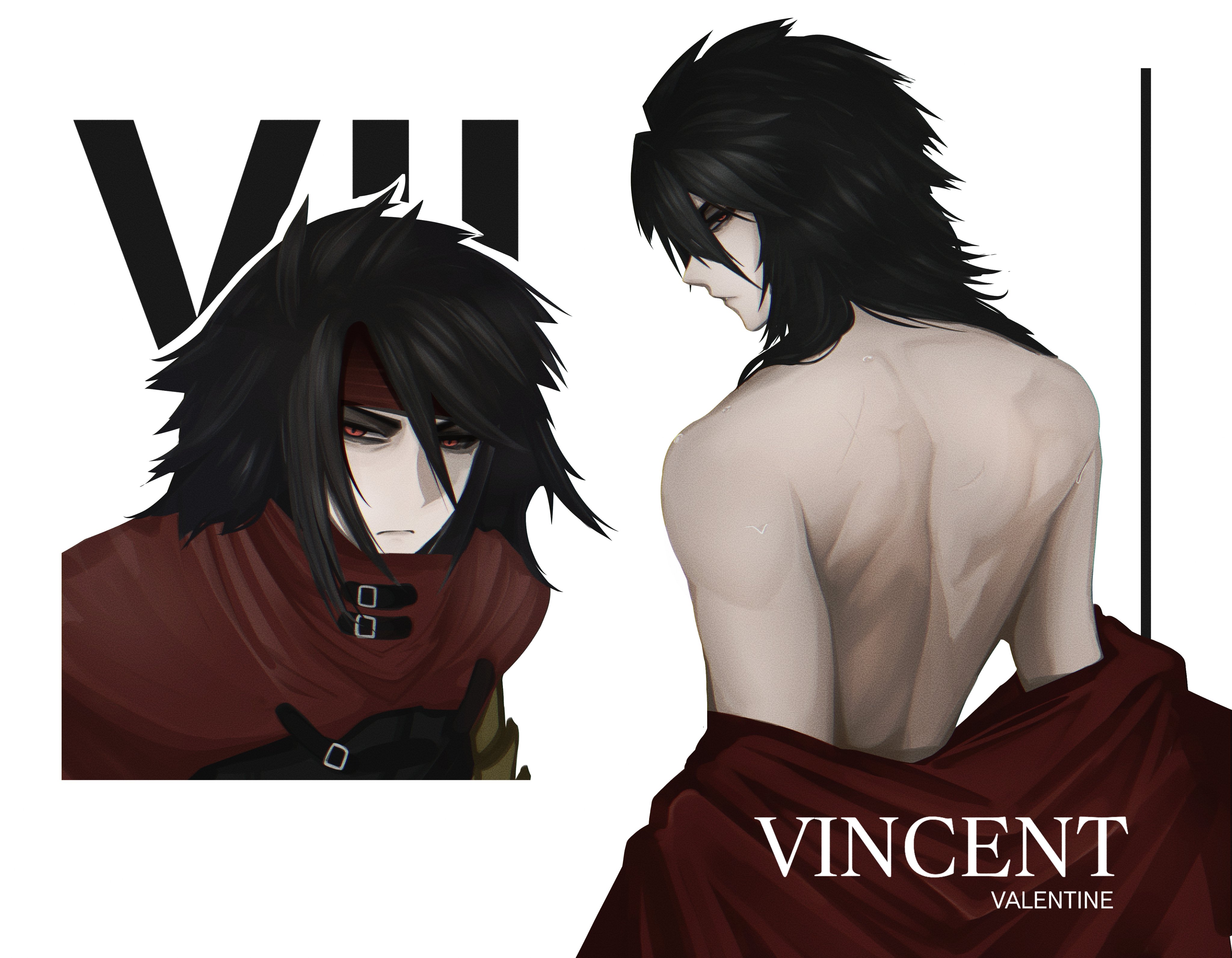 mikuneki, vincent valentine, final fantasy, final fantasy vii, final fantasy vii remake, absurdres, commentary, english commentary, highres, 1boy, back, bare shoulders, black hair, cape, character name, closed mouth, from behind, hair between eyes, headband, looking at viewer, looking back, male focus, median furrow, medium hair, narrowed eyes, red cape, red eyes, red headband, white background