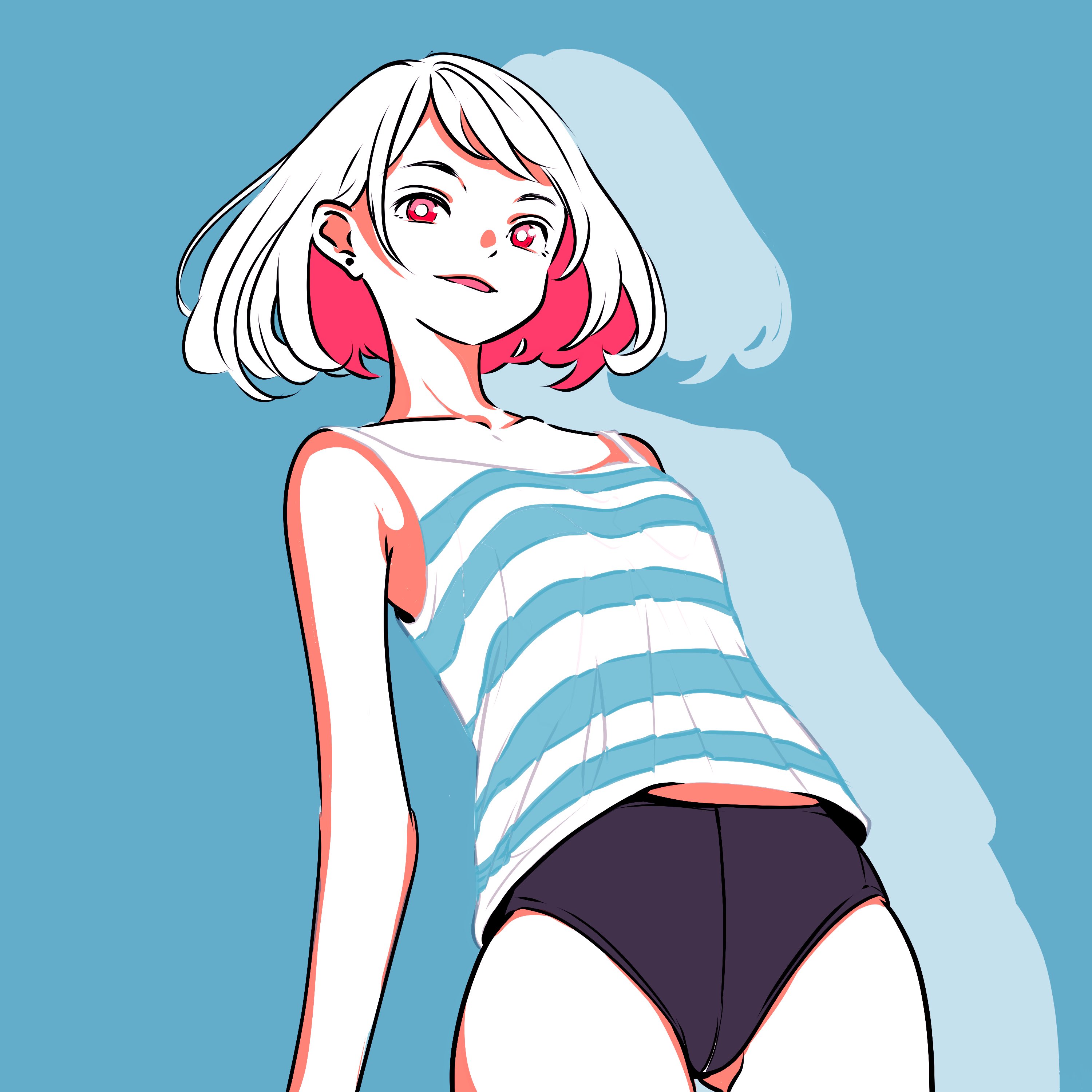 original, absurdres, highres, 1girl, 7lyi5fok4qfrykg, blue background, collarbone, cowboy shot, looking at viewer, red eyes, shadow, shirt, short hair, simple background, smile, solo, striped clothes, striped shirt