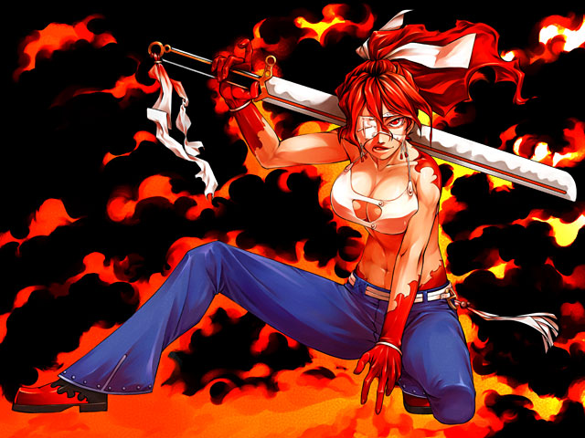 benimura karu, karukaru, 1girl, belt, boots, bow, bracelet, breasts, cleavage, cleavage cutout, clothing cutout, denim, eyepatch, female focus, fire, jeans, jewelry, kneeling, large breasts, long hair, midriff, navel, pants, ponytail, red eyes, red hair, ribbon, smile, solo, sword, weapon