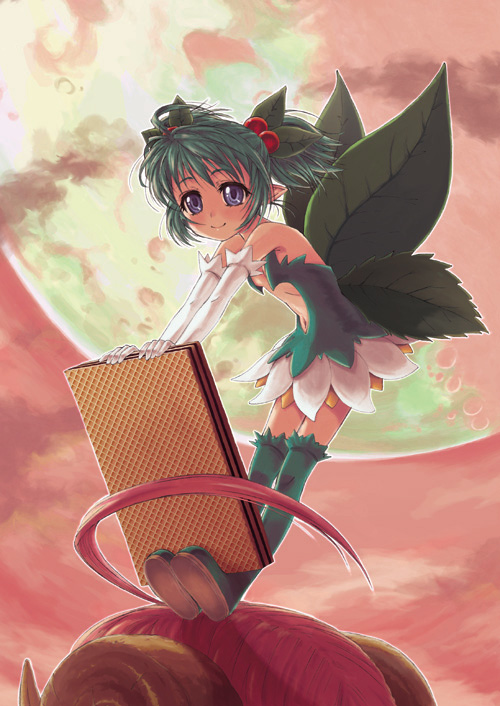 takanashi, konoha (shinrabanshou), pink bloom miyabi, shinrabanshou, 2girls, boots, fairy, green boots, green hair, multiple girls, pointy ears, purple eyes, solo focus, thighhighs, twintails, wings