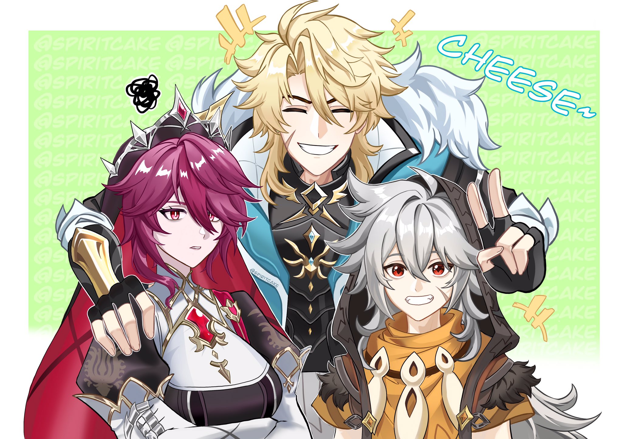 spiritcake16, razor (genshin impact), rosaria (genshin impact), varka (genshin impact), genshin impact, highres, 1girl, 2boys, black gloves, black hood, blonde hair, breasts, closed eyes, dress, fingerless gloves, fur trim, gloves, gold trim, grey hair, hair between eyes, hood, hood up, jewelry, long hair, male focus, multicolored hair, multiple boys, nun, purple hair, red eyes, red hair, scar, scar on face, scarf, simple background, smile, streaked hair, teeth, v, yellow scarf