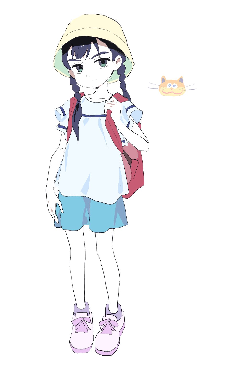 wadasada, highres, 1girl, backpack, bag, bakeneko anzu-chan, black hair, braid, full body, hat, karin (bakeneko anzu-chan), long hair, shirt, shoes, short sleeves, skirt, standing, twin braids, twintails, white background