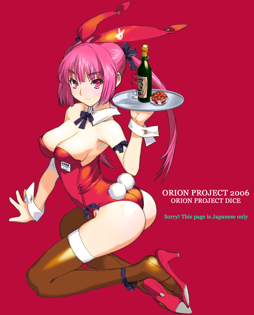 orion (orionproject), original, 1girl, animal ears, bare hips, breasts, brown thighhighs, cleavage, detached collar, english text, fake animal ears, female focus, full body, leotard, pinup (style), playboy bunny, rabbit ears, rabbit tail, red background, shoes, simple background, solo, tail, thighhighs