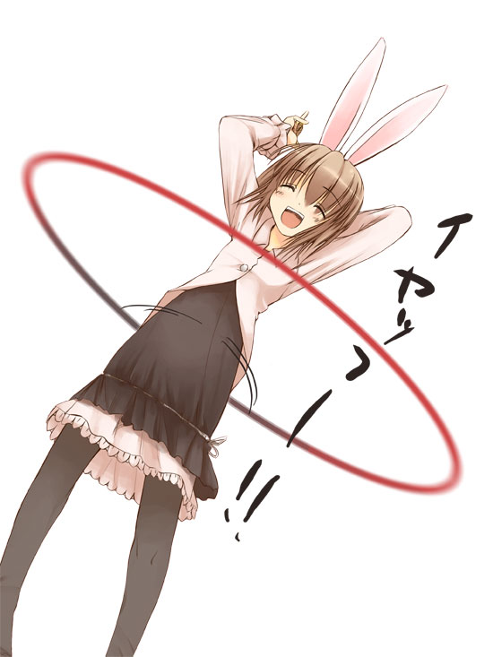 jirou (chekoro), original, animal ears, blouse, brown hair, dress, hoop, hula hoop, pantyhose, rabbit ears, shirt, solo