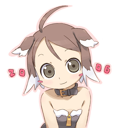 kanzaki hiro, original, lowres, 00s, 1girl, 2006, ahoge, animal ears, blush, blush stickers, brown eyes, brown hair, collar, dog ears, female focus, new year, smile, solo