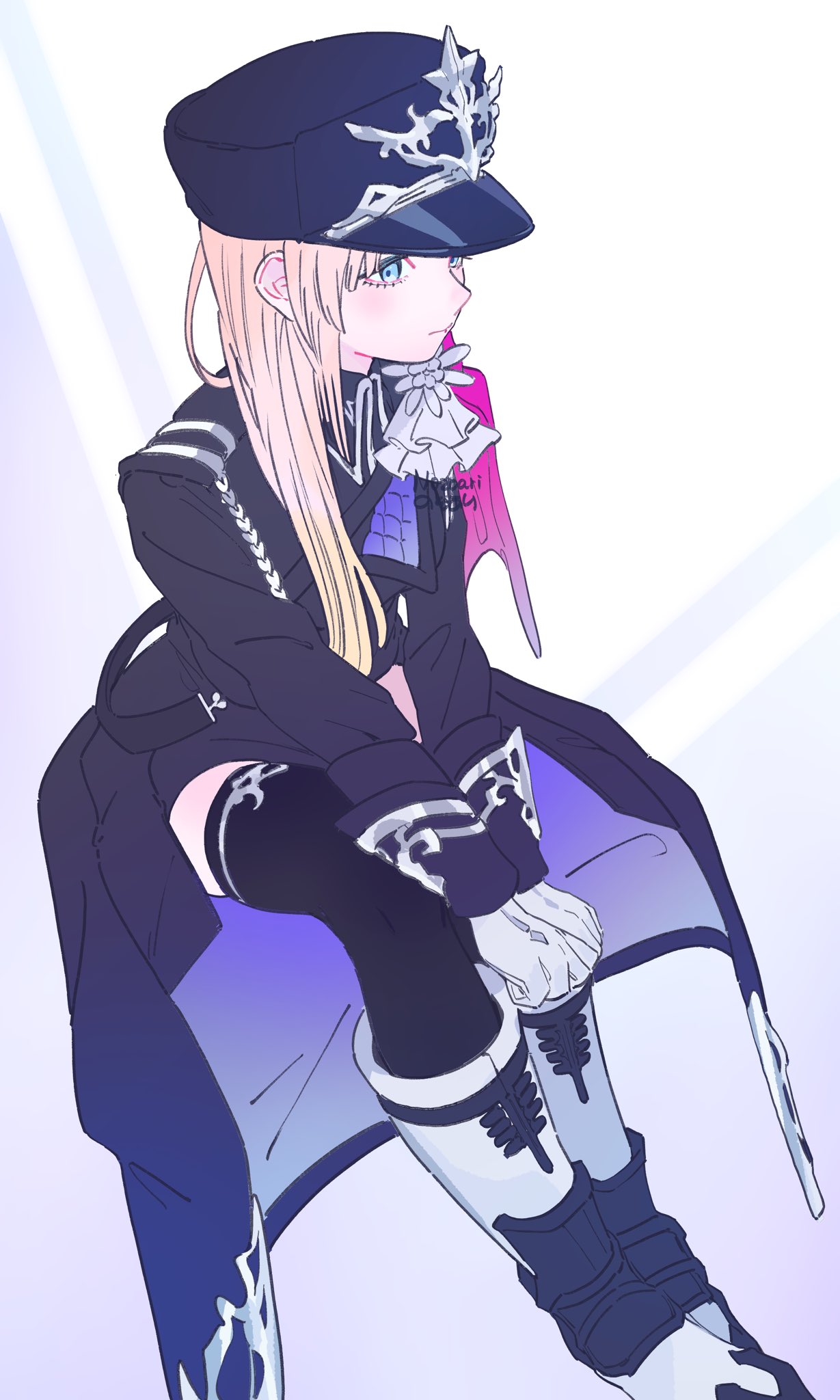 valentine (02140314c), rune factory, rune factory: guardians of azuma, highres, 1girl, ascot, black coat, black hat, black thighhighs, blonde hair, blue eyes, blue eyeshadow, boots, boutonniere, clarice (rune factory), closed mouth, coat, expressionless, eyeshadow, from above, full body, hands on own thighs, hat, invisible chair, long hair, looking at another, makeup, military uniform, peaked cap, profile, side cape, sitting, thighhighs, white ascot, white background, white boots