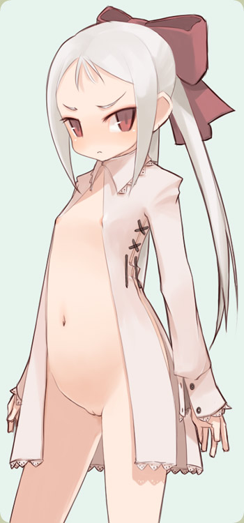 mota, character request, copyright request, 1girl, bottomless, breasts, cleft of venus, female focus, flat chest, loli, long hair, navel, nipples, no panties, open clothes, open shirt, pussy, red eyes, shirt, solo, white hair