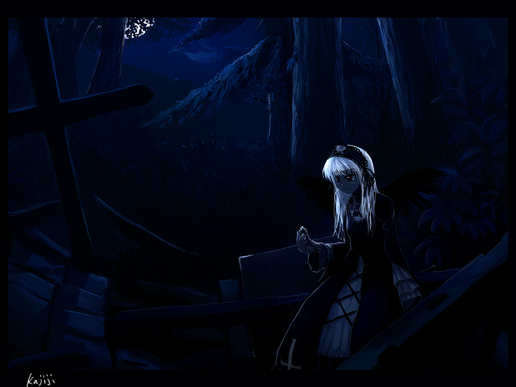 kajiji, suigintou, rozen maiden, 00s, 1girl, blue theme, cross, dark, female focus, forest, inverted cross, latin cross, monochrome, nature, night, solo