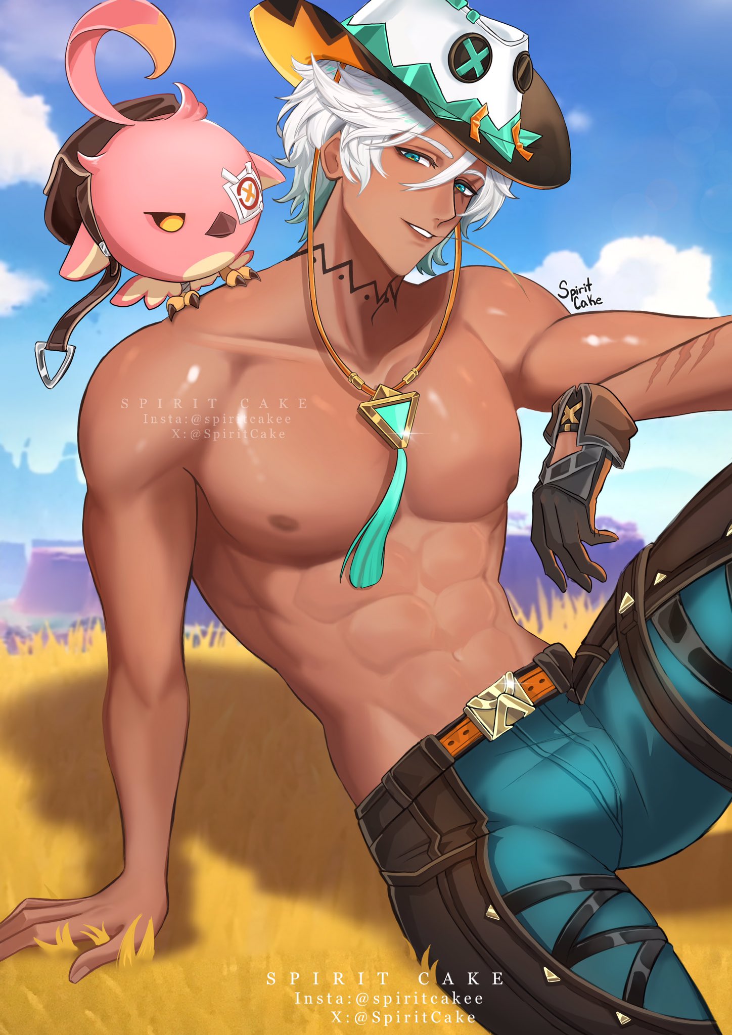 spiritcake16, cacucu, ifa (genshin impact), genshin impact, highres, 1boy, 1other, abs, aqua eyes, aqua pants, belt, cowboy hat, dark-skinned male, dark skin, gradient hair, hair between eyes, hat, looking at viewer, male focus, mouth hold, multicolored hair, multicolored hat, muscular, muscular male, neck tattoo, nipples, on grass, pants, short hair, smile, stomach, tattoo, topless male, white hair, white hat