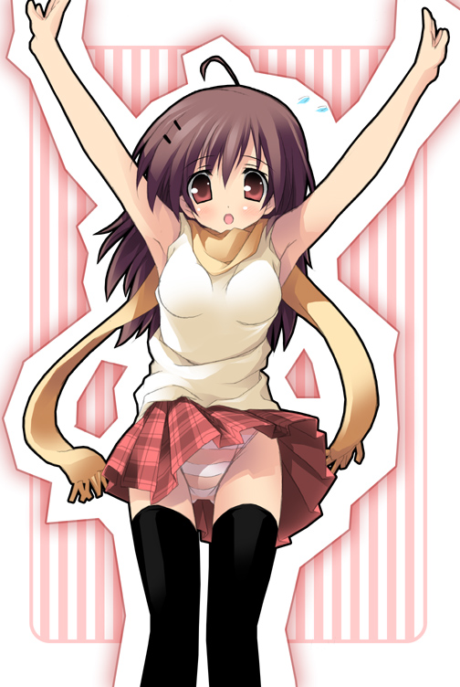 kantoku, 1girl, :o, ahoge, arms up, black thighhighs, blush, brown eyes, brown hair, clothes lift, embarrassed, female focus, flying sweatdrops, hair ornament, hairclip, jumping, long hair, looking at viewer, orange panties, outline, panties, pantyshot, plaid clothes, plaid skirt, scarf, school uniform, serafuku, shirt, skirt, skirt lift, sleeveless, solo, standing, striped background, striped clothes, striped panties, sweater, thighhighs, underwear, vertical stripes