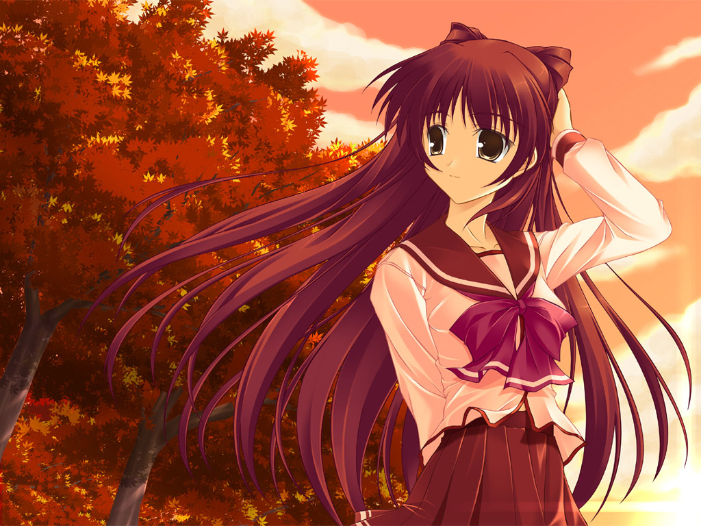 yuki (white garden), kousaka tamaki, to heart (series), to heart 2, 00s, 1girl, adjusting hair, autumn, brown eyes, female focus, long hair, nature, outdoors, pleated skirt, red hair, school uniform, serafuku, skirt, sky, solo, sunset, very long hair