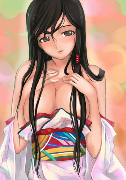 mikazuki akira!, kokoro (doa), dead or alive, dead or alive 4, tecmo, 1girl, black hair, breast suppress, breasts, cleavage, female focus, grey eyes, japanese clothes, kimono, large breasts, long hair, looking at viewer, no bra, obi, off shoulder, pink kimono, sash, solo